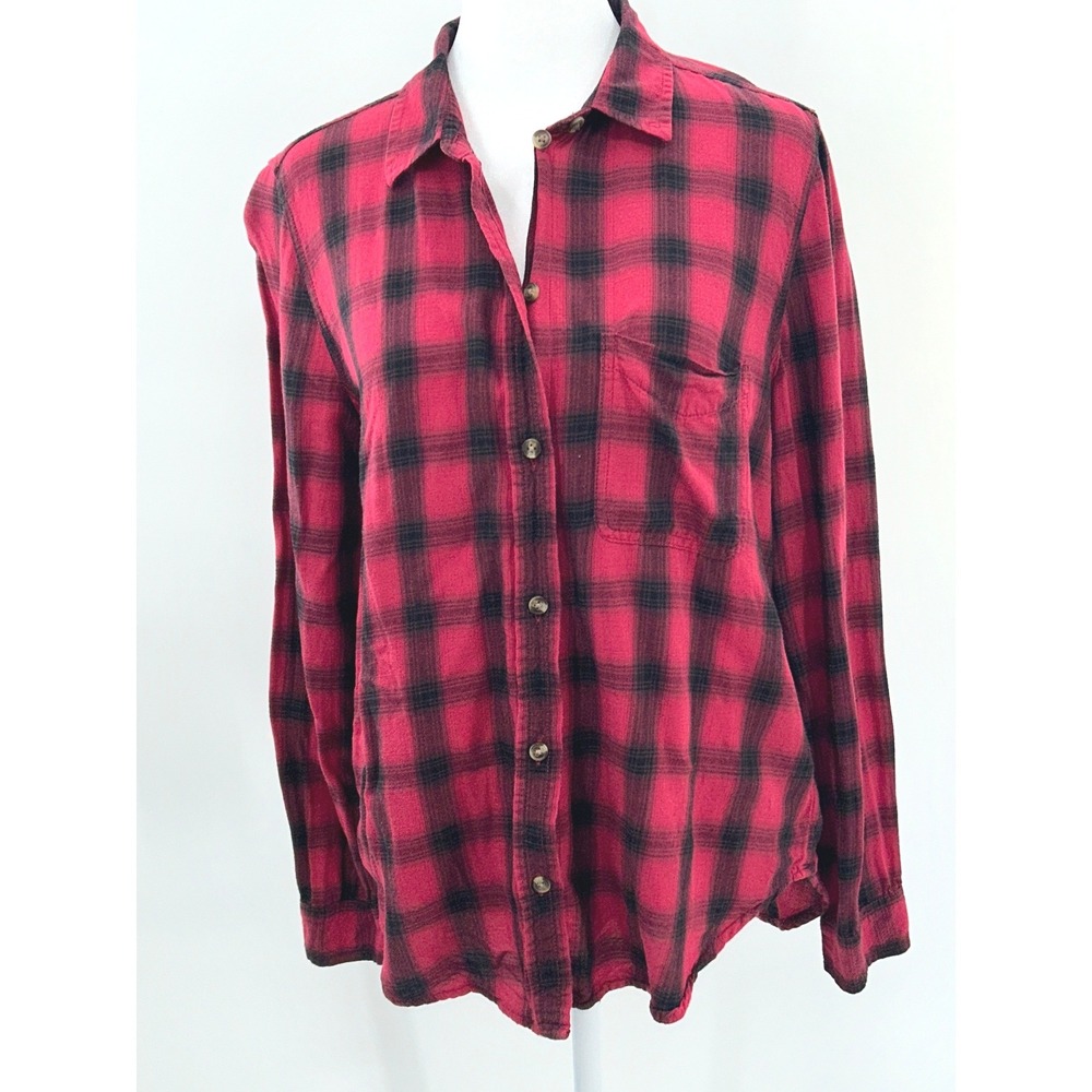 American Eagle Red Black Plaid Flannel Shirt Boyfriend Fit Soft Grunge Size M - Picture 2 of 11